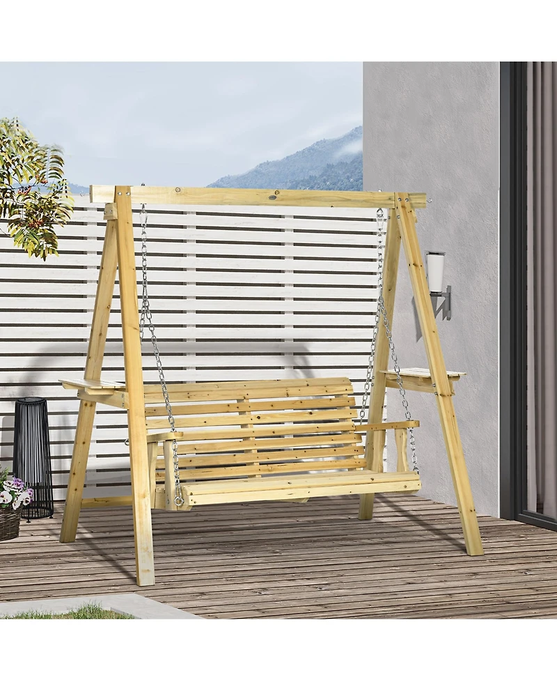 Outsunny 2-Seat Porch Swing Loveseat with Stand and Side Tables, Wooden Patio Swing Chair, for Garden, Poolside, Backyard