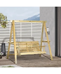 Outsunny 2-Seat Porch Swing Loveseat with Stand and Side Tables, Wooden Patio Swing Chair, for Garden, Poolside, Backyard