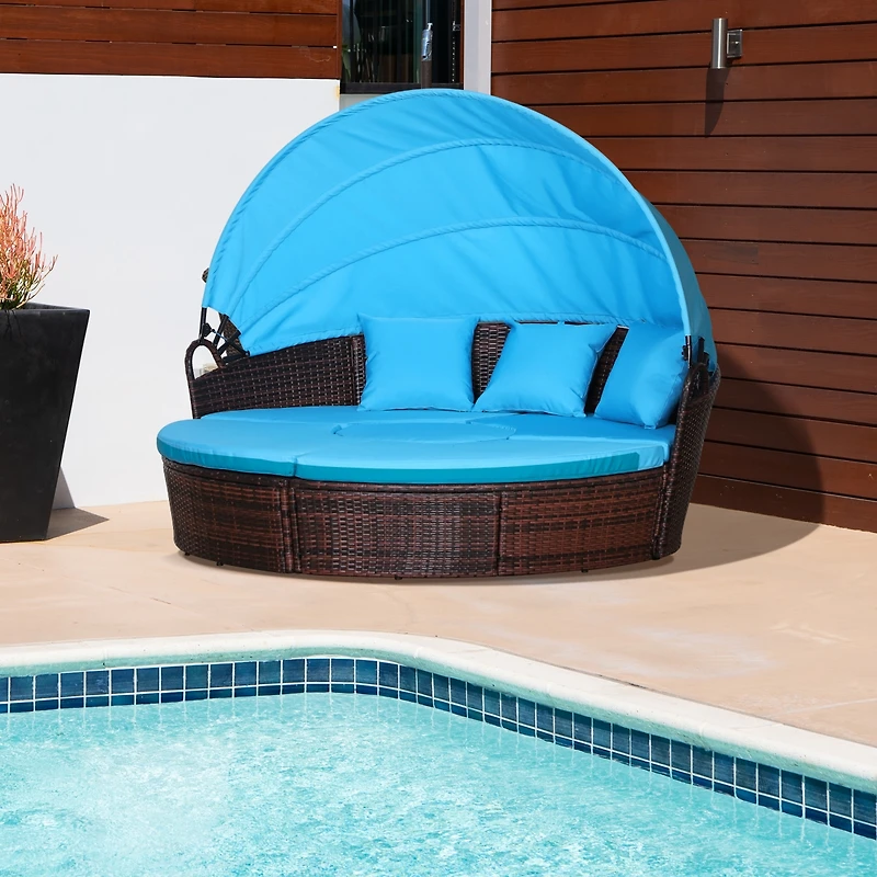 Outsunny 4-Piece Rattan Patio Furniture Set, Round Convertible Daybed or Sunbed with Adjustable Sun Canopy, Sectional Sofa, 2 Chairs, Table