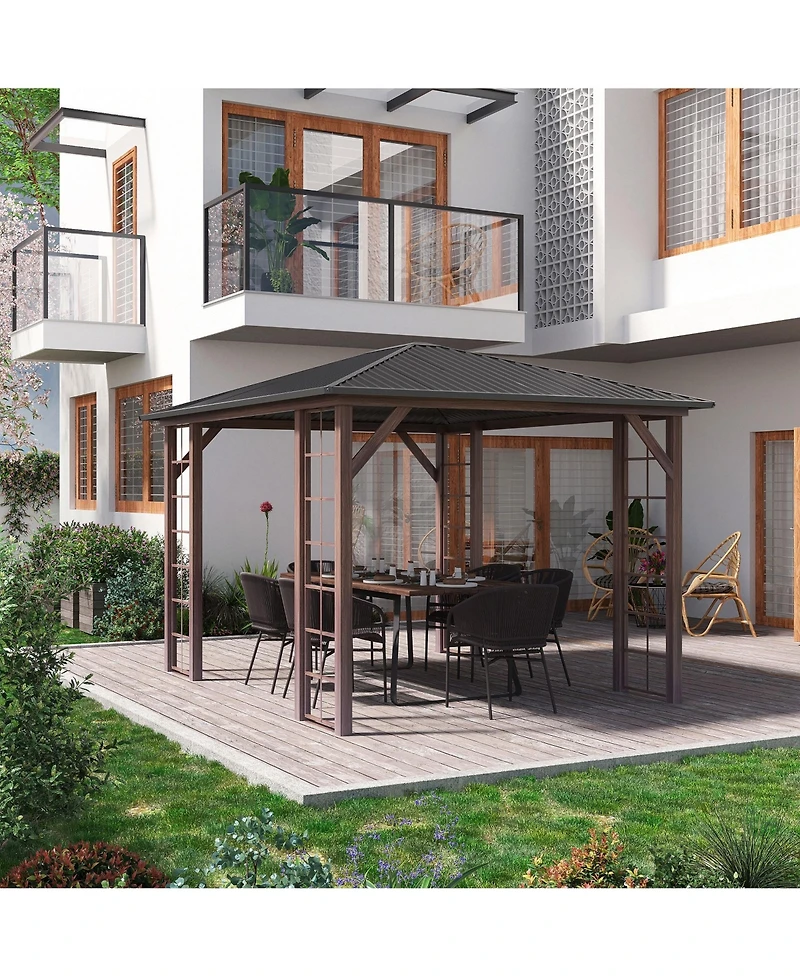 Outsunny 10' x 12' Metal Roof Hardtop Gazebo with Wood Grain Metal Frame