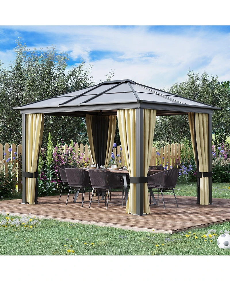 Outsunny 10x12 Polycarbonate Hardtop Gazebo, Gazebo Canopy with Aluminum Frame, Curtains and Netting for Garden, Patio, Backyard, Beige