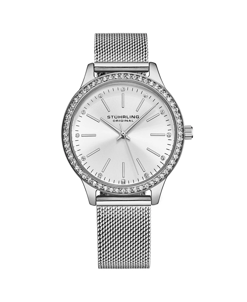 Women's Quartz Crystal Studded Silver Case and Silver Mesh Bracelet, Silver Hands and Markers Watch
