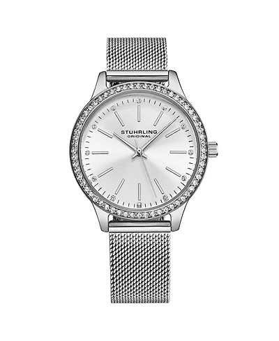 Women's Quartz Crystal Studded Silver Case and Silver Mesh Bracelet, Silver Hands and Markers Watch