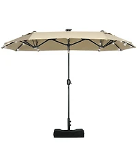 Outsunny 10' Double-Sided Patio Umbrella with Solar Lights and Sandbag Base, Outdoor Table Umbrella with Push Button Tilt, Crank, 2 Vent for Garden, D