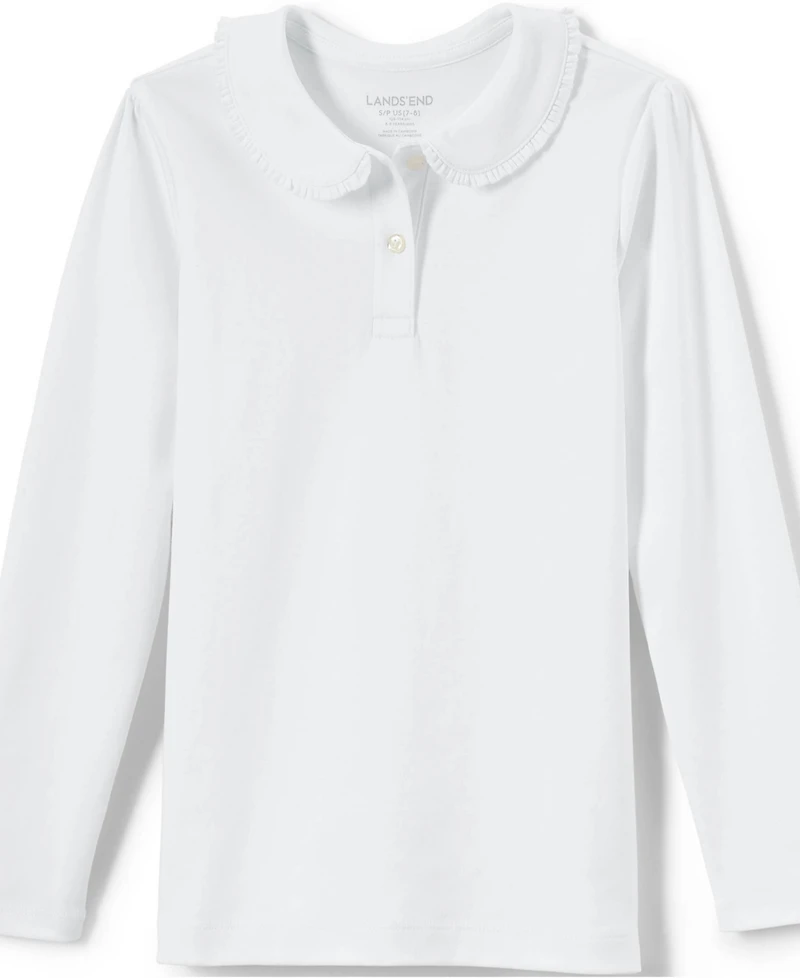 Lands' End Girls School Uniform Long Sleeve Ruffled Peter Pan Collar Polo Knit Shirt