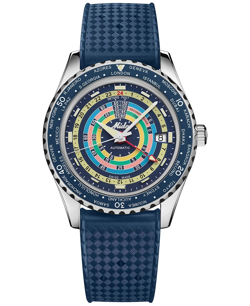 Mido Unisex Swiss Automatic Ocean Star Decompression Worldtimer Rubber Strap Watch 41mm
