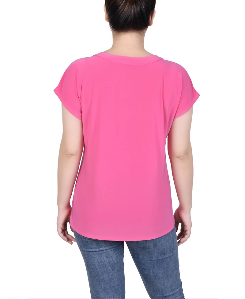 Ny Collection Petite Grommet Neck Knit Short Extended Sleeve Top
