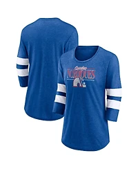 Women's Fanatics Heathered Royal, White Quebec Nordiques Full Shield 3/4 Sleeve Tri-Blend Raglan Scoop Neck T-shirt