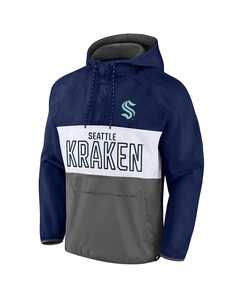 Men's Fanatics Deep Sea Blue, Gray Seattle Kraken Backhand Shooter Defender Anorak Raglan Hoodie Quarter-Zip Jacket