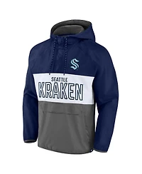 Men's Fanatics Deep Sea Blue, Gray Seattle Kraken Backhand Shooter Defender Anorak Raglan Hoodie Quarter-Zip Jacket