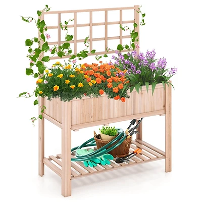 Raised Garden Bed Elevated Wooden Planter Box with Trellis & Open Storage Shelf