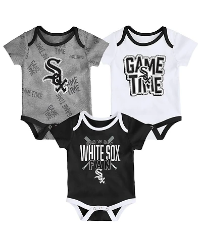 Newborn and Infant Boys Girls Chicago White Sox Black, White, Heathered Gray Game Time Three-Piece Bodysuit Set