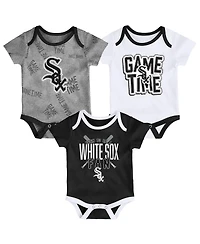 Newborn and Infant Boys Girls Chicago White Sox Black, White, Heathered Gray Game Time Three-Piece Bodysuit Set