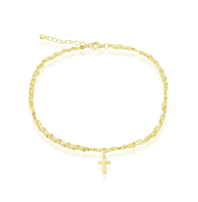 Simona Sterling Silver Double Strand Mirror Chain w/ Cross Anklet