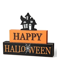 Glitzhome 9.5" L Happy Halloween Wooden Haunted House Block Sign