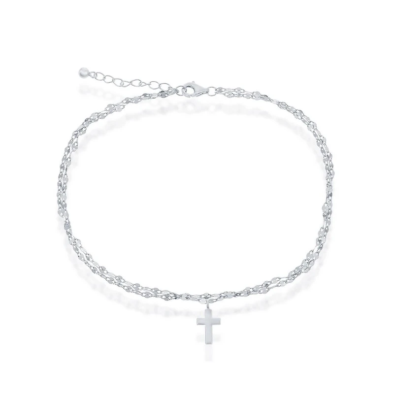 Simona Sterling Silver Double Strand Mirror Chain w/ Cross Anklet