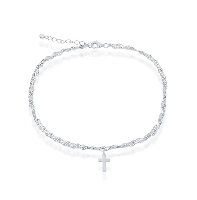 Simona Sterling Silver Double Strand Mirror Chain w/ Cross Anklet