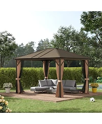 Outsunny 10' x12' Hardtop Gazebo with Aluminum Frame, Permanent Metal Roof Gazebo Canopy with 2 Hooks, Curtains and Netting for Garden, Patio, Backyar