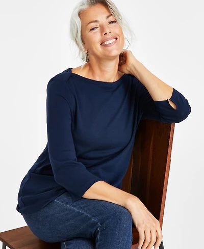 Style & Co Women's Pima Cotton 3/4-Sleeve Boat-Neck Top, Created for Macy's