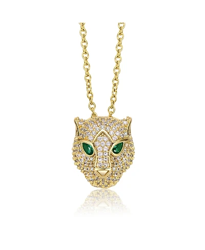 14k Yellow Gold Plated with Green & Cubic Zirconia 3D Panther Head Pendant Layering Necklace
