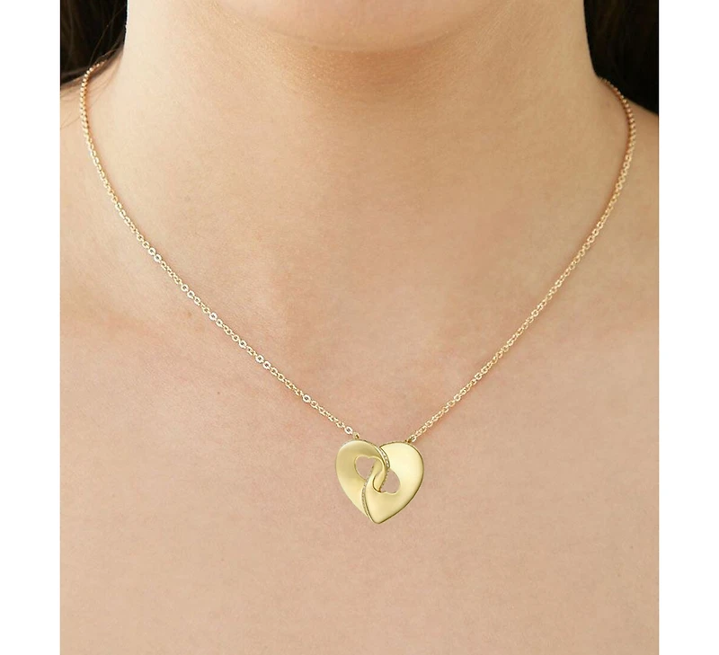 14k Gold Plated with Cubic Zirconia Modern Double Heart Half Cut-Out Entwined Necklace