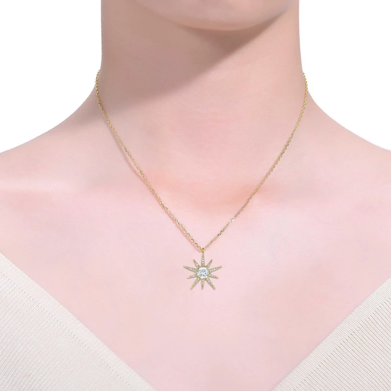 Radiant 14k Gold Plated Starburst Pendant Necklace with Cubic Zirconia