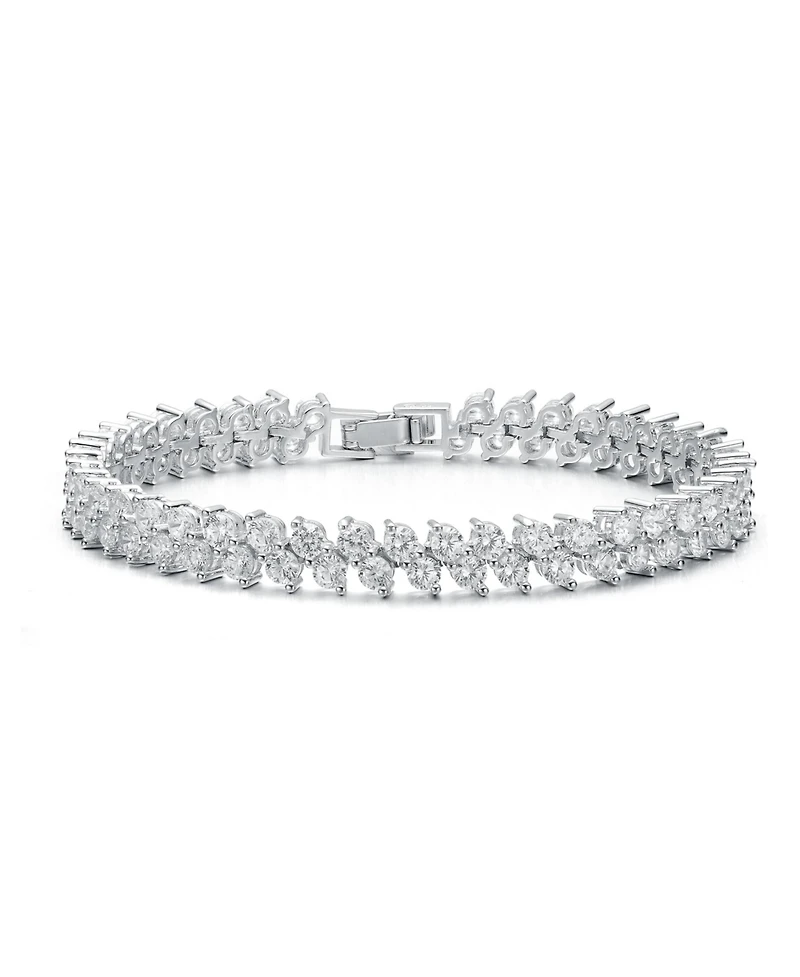 White Gold Plated With Cubic Zirconia 2-stone Cluster Link Tennis Bracelet