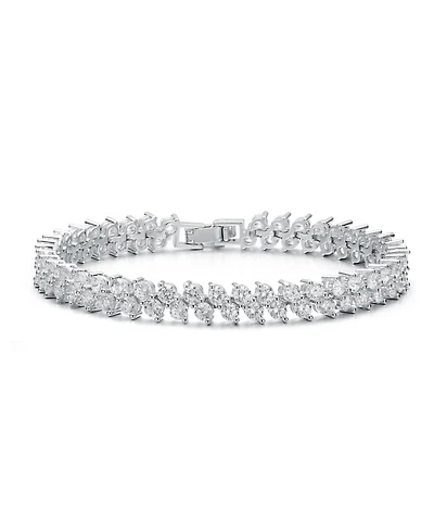 White Gold Plated With Cubic Zirconia 2-stone Cluster Link Tennis Bracelet