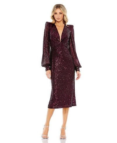 Mac Duggal Women's Ieena Sequined Structured Bishop Sleeve Midi Dress