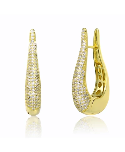 14k Yellow Gold Plated with Cubic Zirconia Oblong Oval Raindrop Hoop Earrings