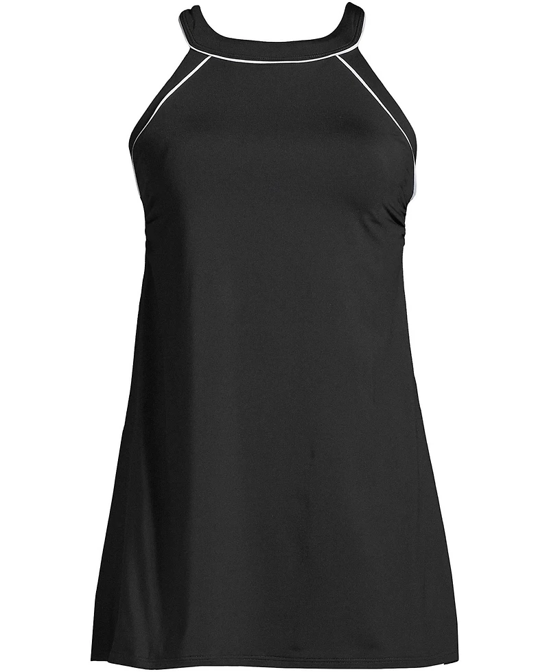 Lands' End Women's High Neck Swim Dress One Piece Swimsuit Adjustable Straps