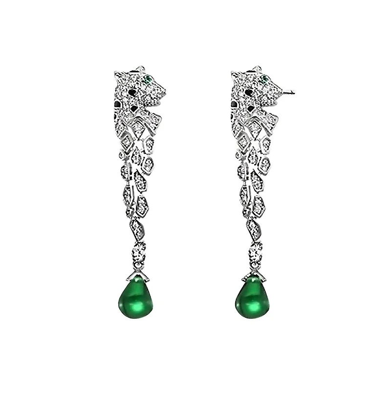 Sterling Silver White Gold Plated with Green and Clear Cubic Zirconia Fauna Drop Earrings