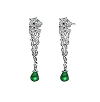 Sterling Silver White Gold Plated with Green and Clear Cubic Zirconia Fauna Drop Earrings