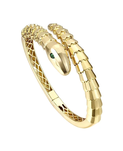 Rachel Glauber 14k Gold Plated with Green Eyes Cubic Zirconia Textured Coiled Serpent Bypass Bangle Bracelet