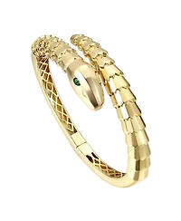 Rachel Glauber 14k Gold Plated with Green Eyes Cubic Zirconia Textured Coiled Serpent Bypass Bangle Bracelet