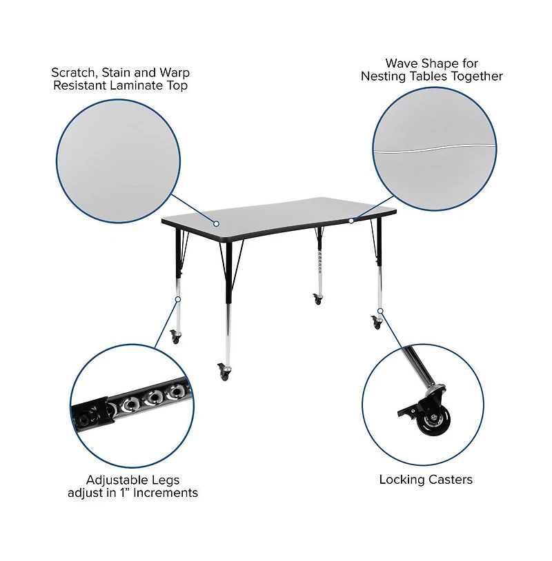 Emma+Oliver Mobile 28"Wx47.5"L Rectangle Wave Flexible Collaborative Adjustable Activity Table