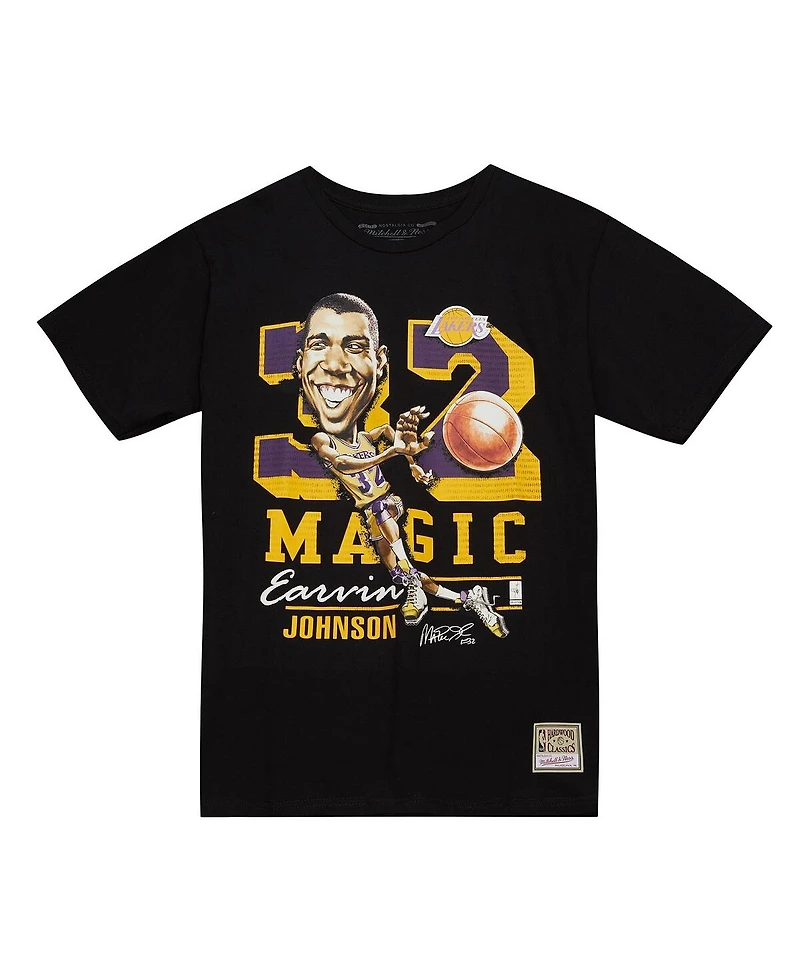 Men's Mitchell & Ness Magic Johnson Black Los Angeles Lakers Hardwood Classics Caricature T-shirtMen's Mitchell & Ness Magic Johnson Black Los Angeles