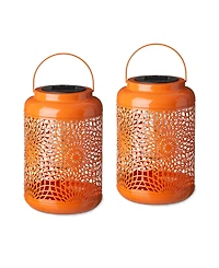 Glitzhome 8.75" H Metal Cutout Solar Powered Outdoor Hanging Lantern with Edison Bulb, Set of 2
