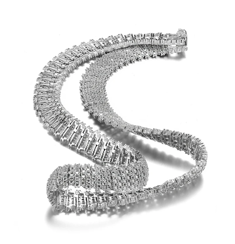 White Gold Plated Clear Round Cubic Zirconia Linear Pave Necklace