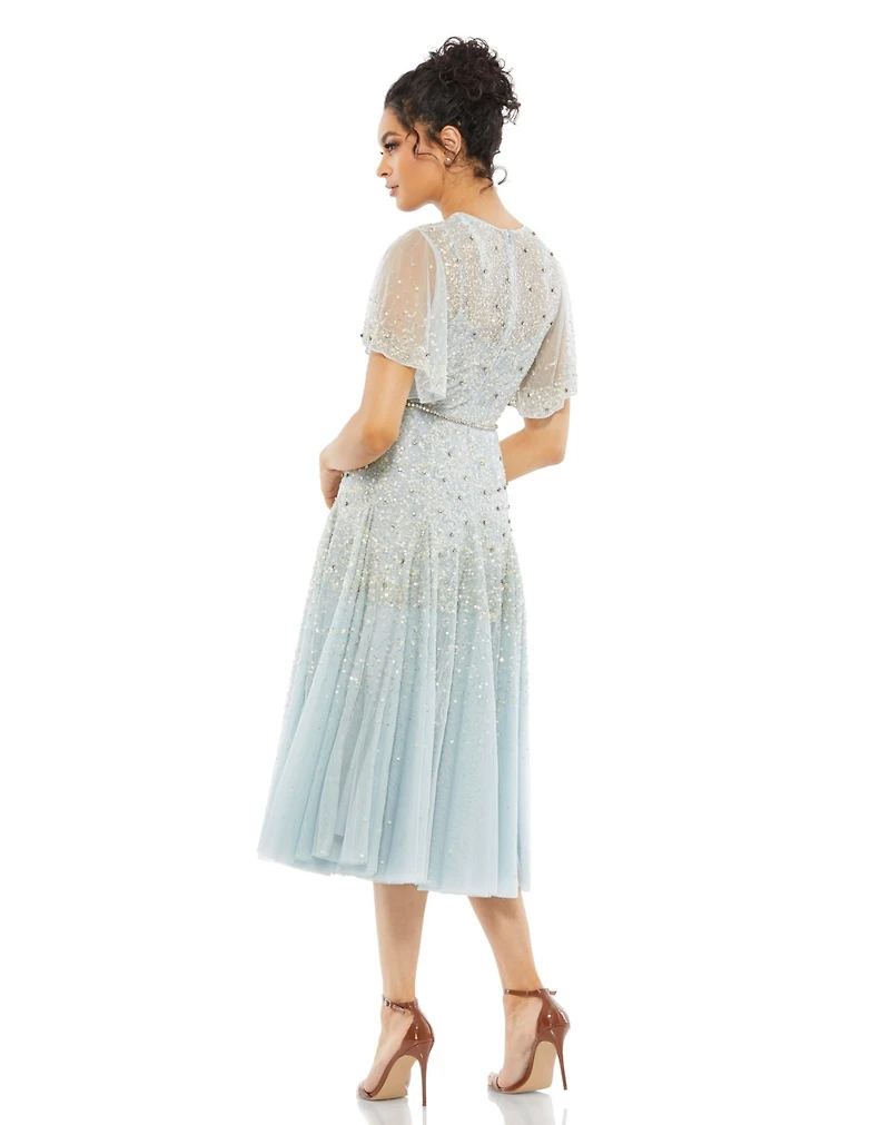 Mac Duggal Women's Flounce Sleeve Tea Length Dress