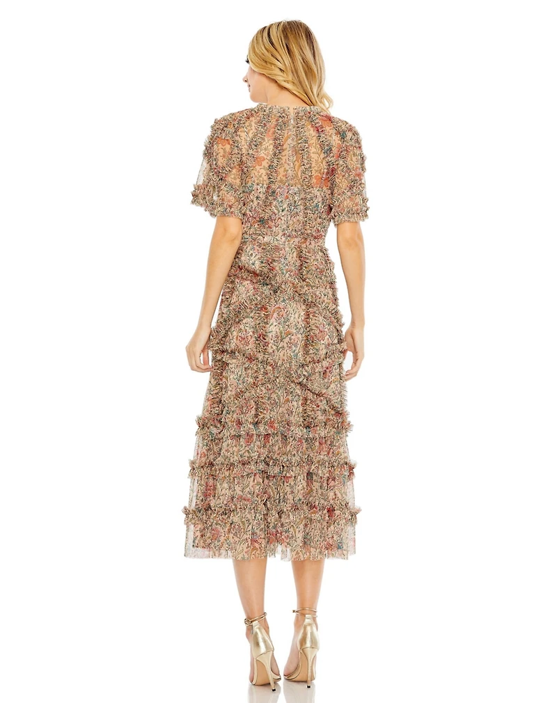 Mac Duggal Women's Floral Flutter Sleeve Mesh Print Dress