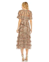 Mac Duggal Women's Floral Flutter Sleeve Mesh Print Dress