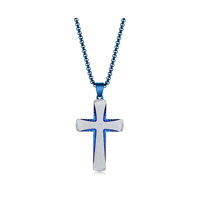 Men's Stainless Steel Silver & Blue Plated Single Cz Cross Necklace