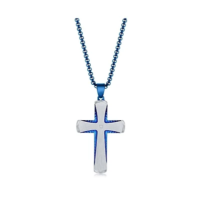 Men's Stainless Steel Silver & Blue Plated Single Cz Cross Necklace