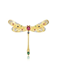 White Gold and 14K Gold Plated Red Genuine Stone Dragon Fly Pin