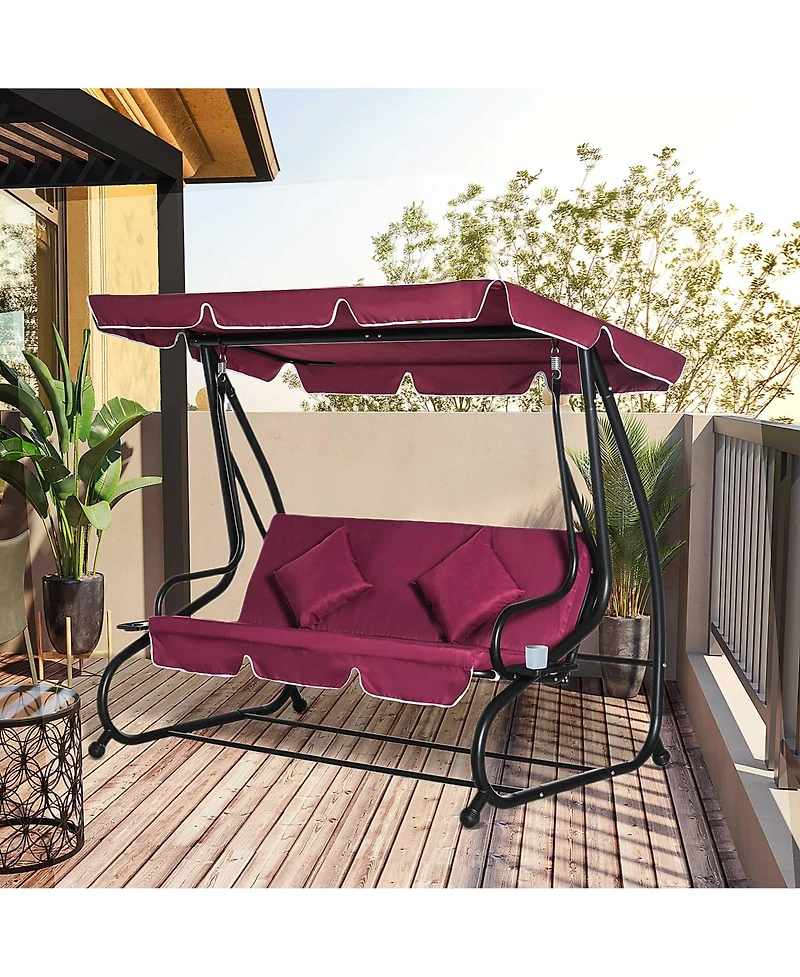 Outsunny 3 Seat Outdoor Free Standing Swing Bench Porch Swing with Stand, Comfortable Cushioned Fabric & Included Canopy, Red