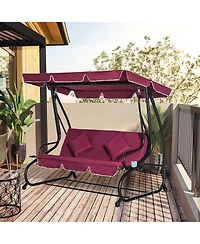 Outsunny 3 Seat Outdoor Free Standing Swing Bench Porch Swing with Stand, Comfortable Cushioned Fabric & Included Canopy, Red