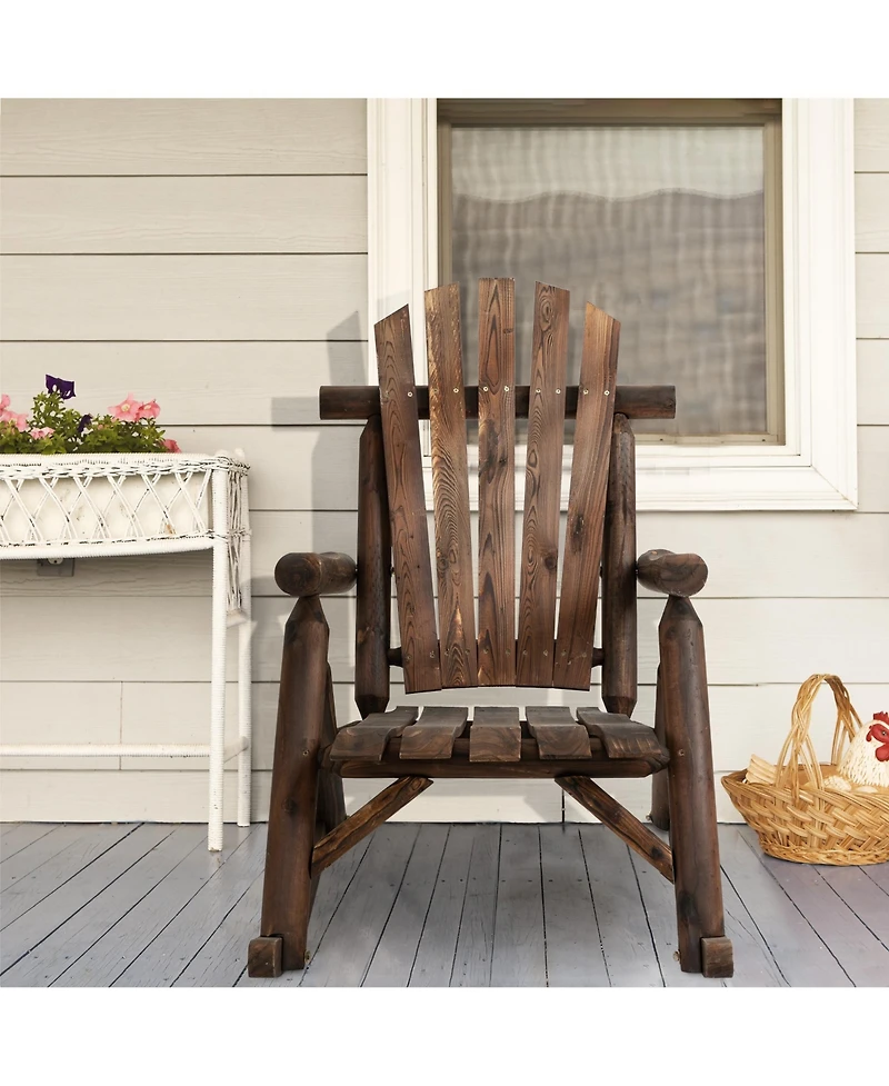 Outsunny Wooden Adirondack Rocking Chair, Outdoor Rustic Log Rocker with Slatted Design for Patio, Carbonized