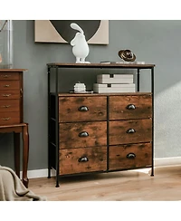 6-Drawer Dresser 2-Tier Fabric Storage Tower w/wooden Top Chest Organizer