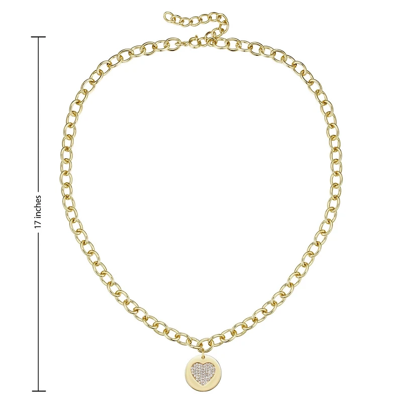 14k Gold Plated with Cubic Zirconia Heart Medallion Pendant Curb chain Adjustable Necklace
